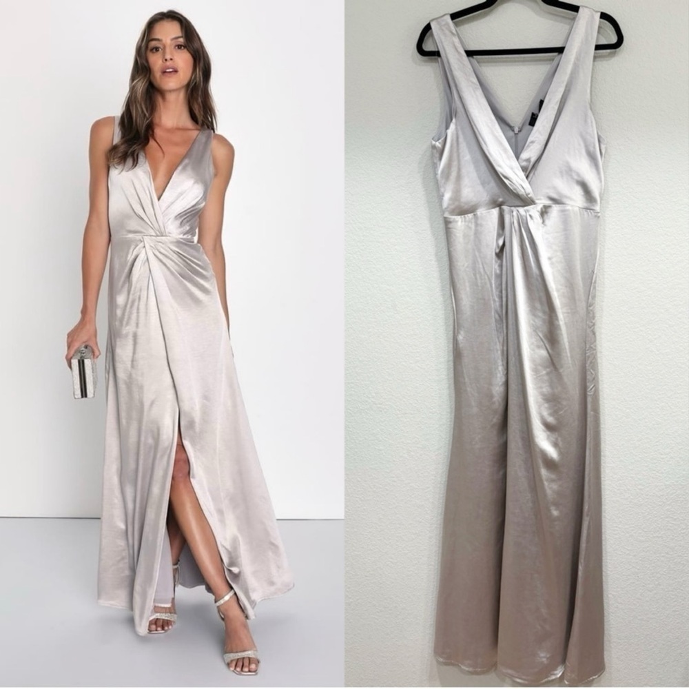 NWOT Lulus Perfect Refinement Grey Satin Sleeveless Pleated Maxi Dress